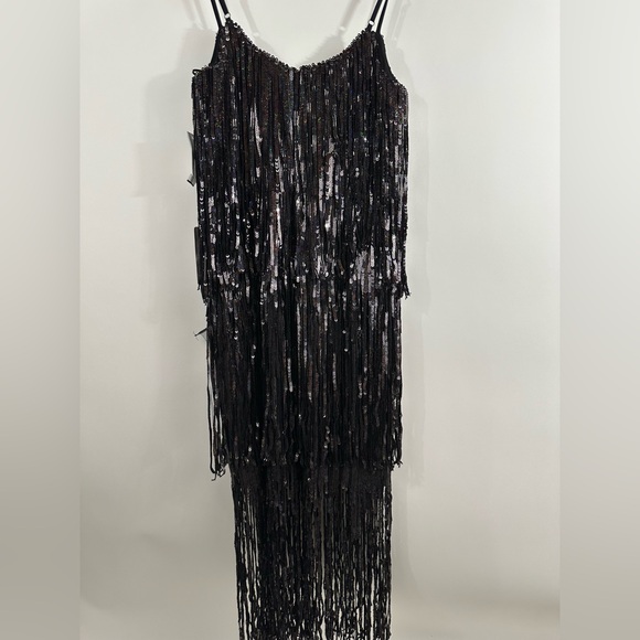 Dress the Population Roxy Iridescent Black Fringe Midi Flapper 1920s NWT Size S - Picture 11 of 12